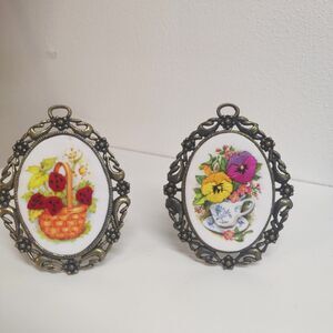 Vintage Ornamental Metal Framed “Flower Basket” Cross Stitch Art 3.5"